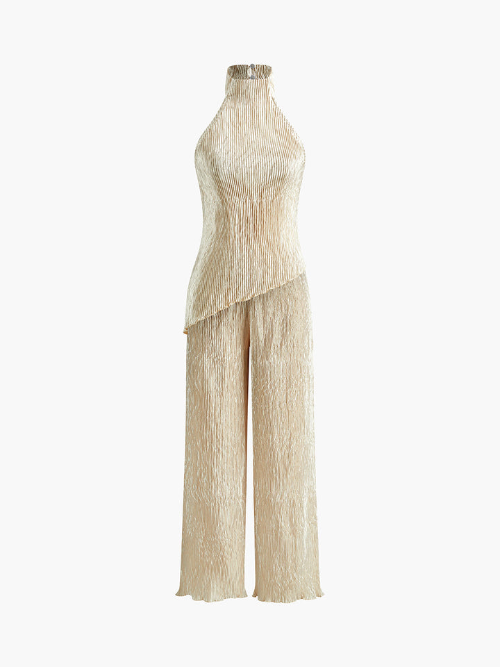 Asymmetrisches Neckholder-Crop-Top mit Palazzo-Hosen-Set