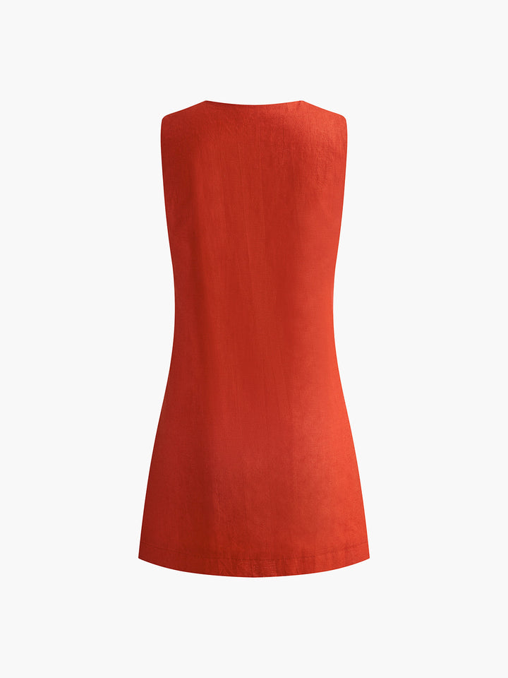 Baumwoll- & Leinen-V-Ausschnitt-Kurzkleid