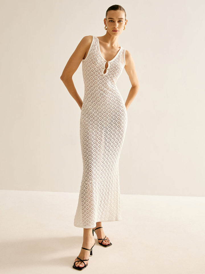 Weiße Hohlstrick-Strickkleid