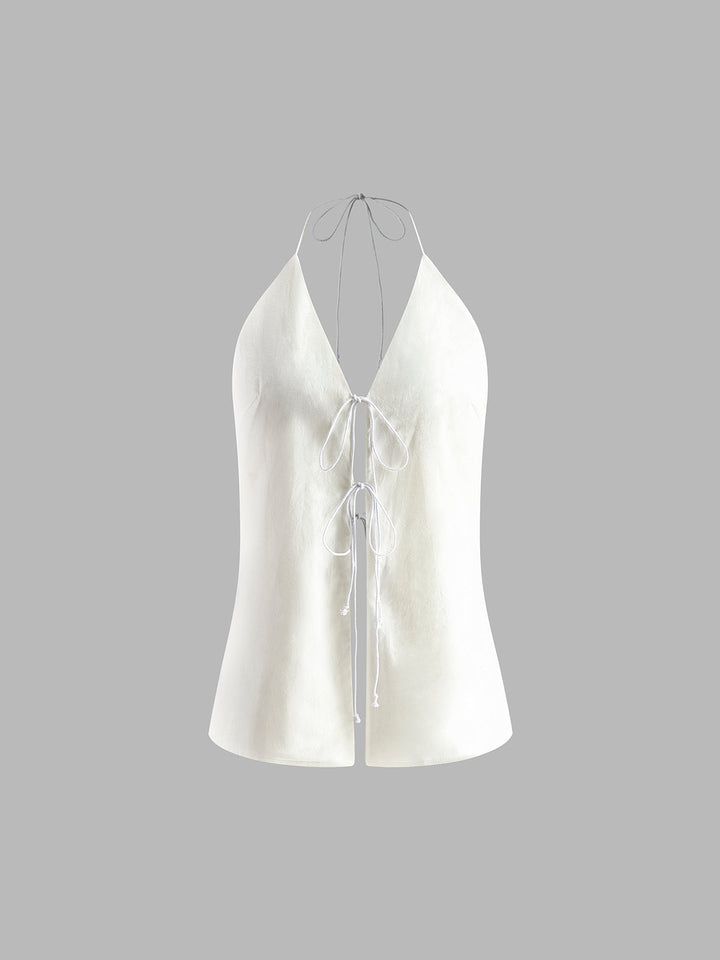 Baumwoll- & Leinen-Neckholder-Top mit Hosen-Set ohne Rücken