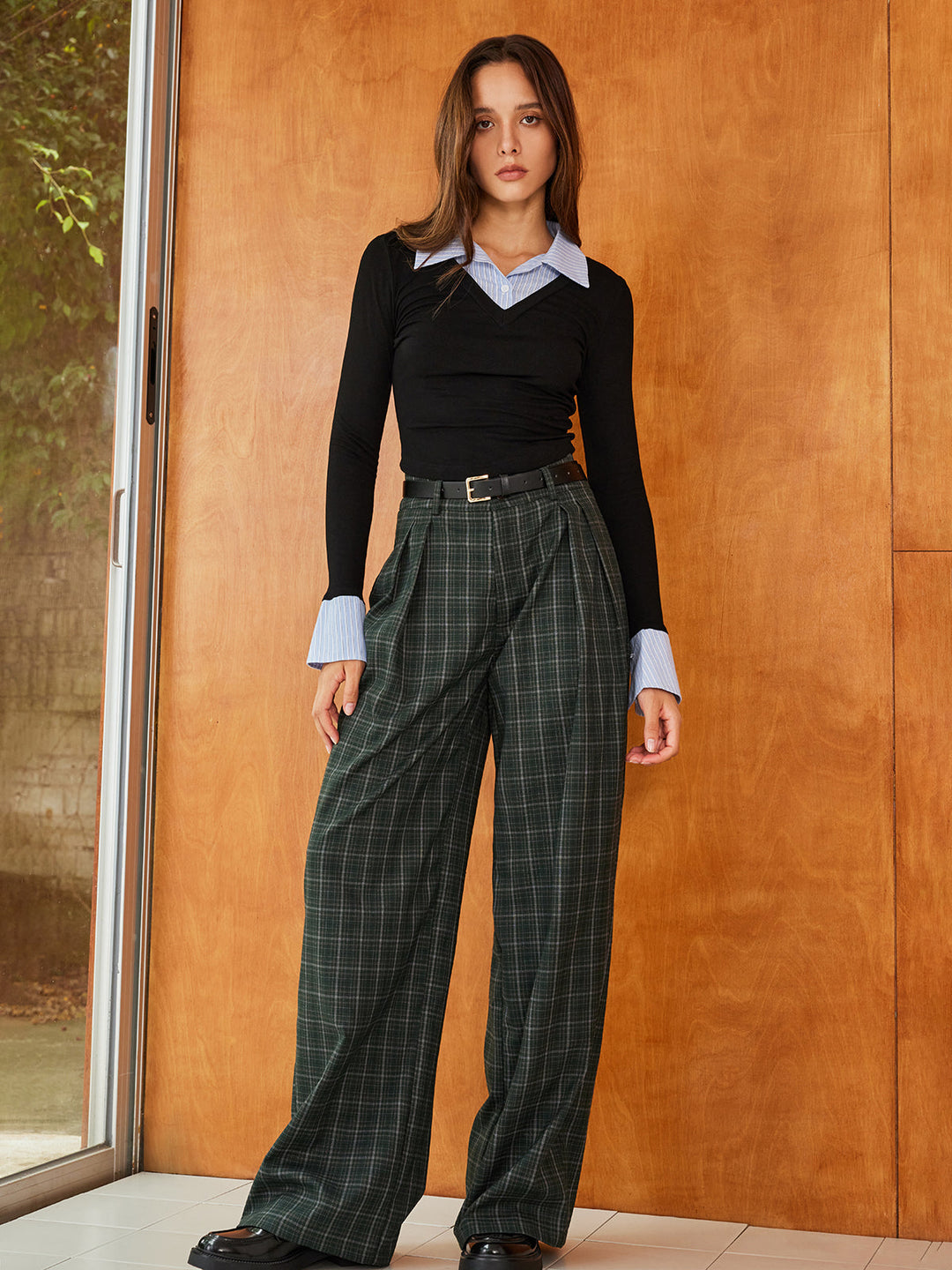 Vintage karierte Marlenehose mit Gürtel