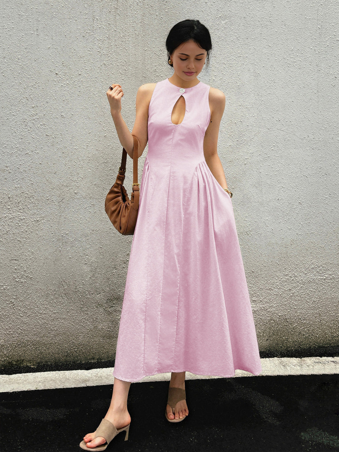 Baumwoll-Leinen-Wickelkleid mit schlitz