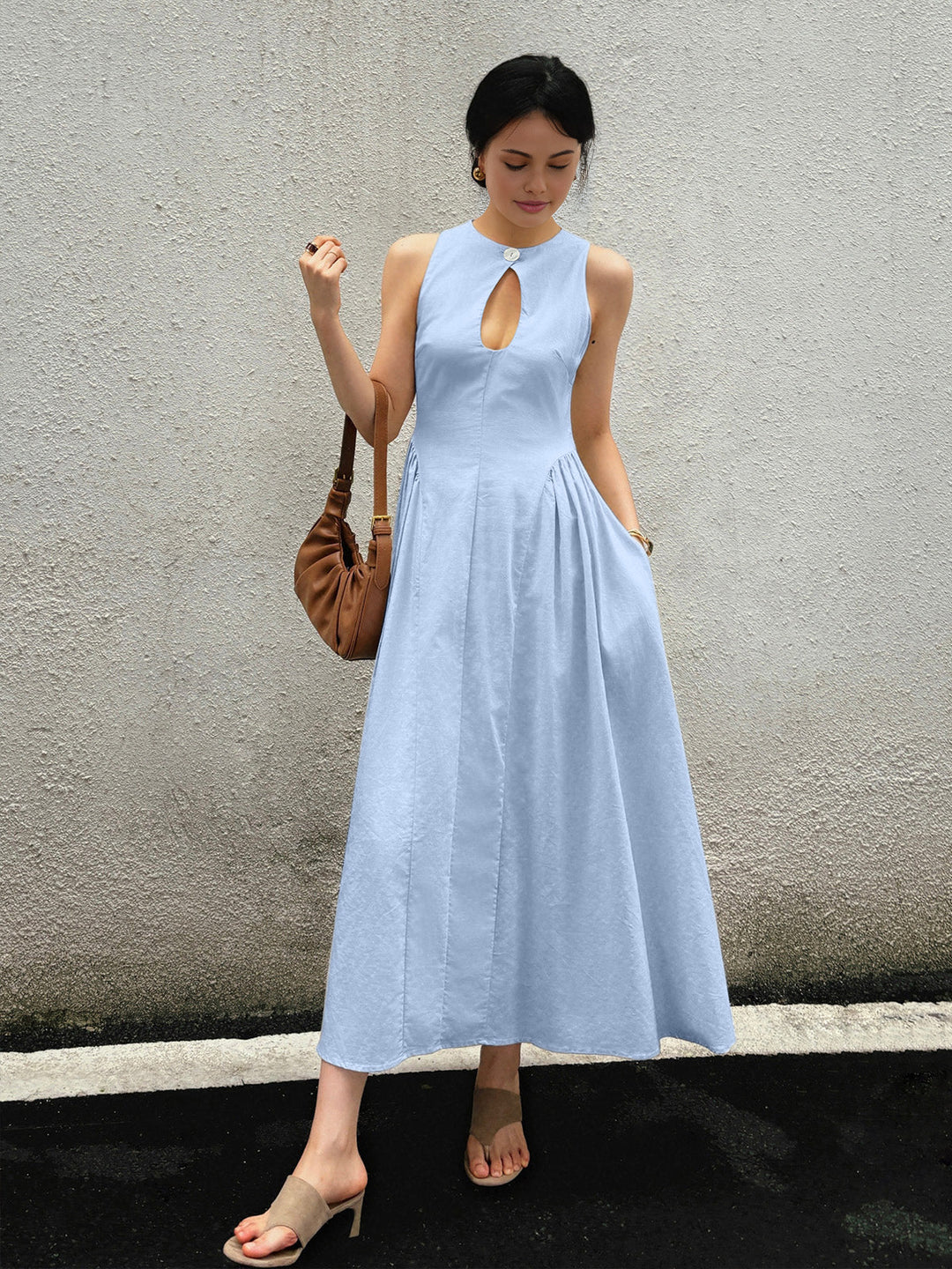 Baumwoll-Leinen-Wickelkleid mit schlitz