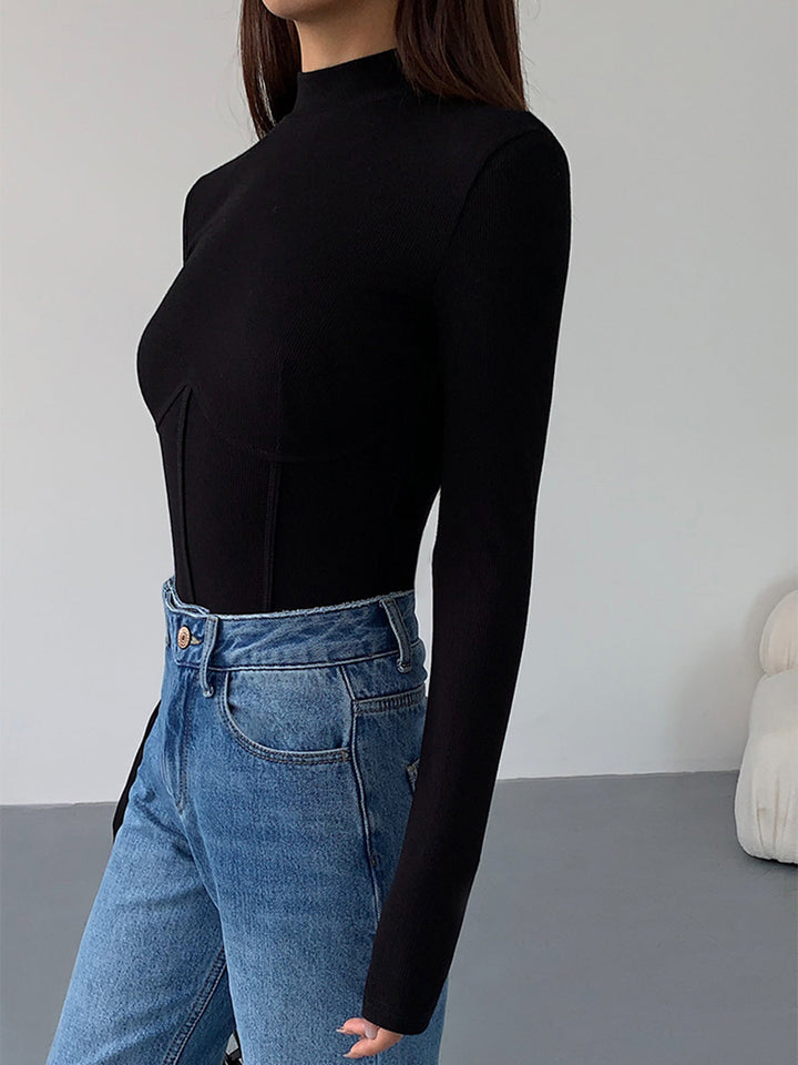 Mock-Neck-Piping-Slim-T-Shirt