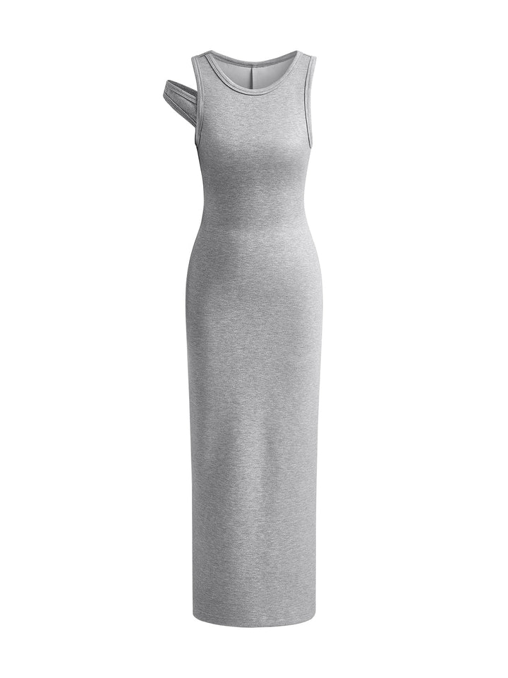 Asymmetrisches Maxikleid mit Rundhalsausschnitt und Schlitz