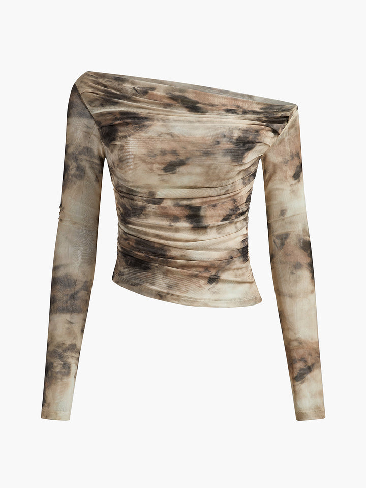 Halbtransparente Tüll-Mesh-Carmenbluse mit langen Ärmeln