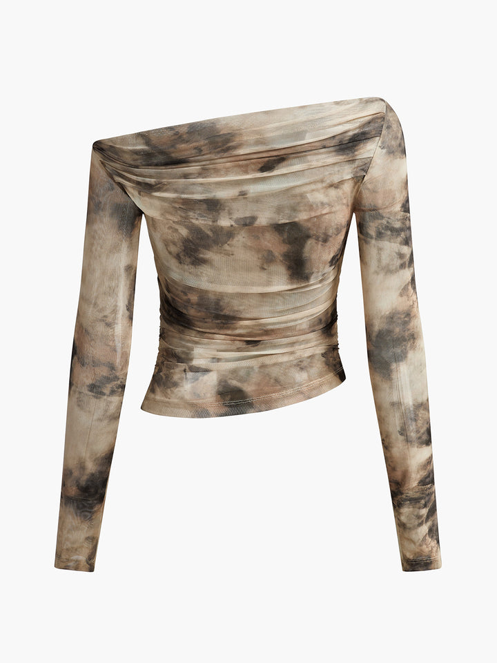 Halbtransparente Tüll-Mesh-Carmenbluse mit langen Ärmeln