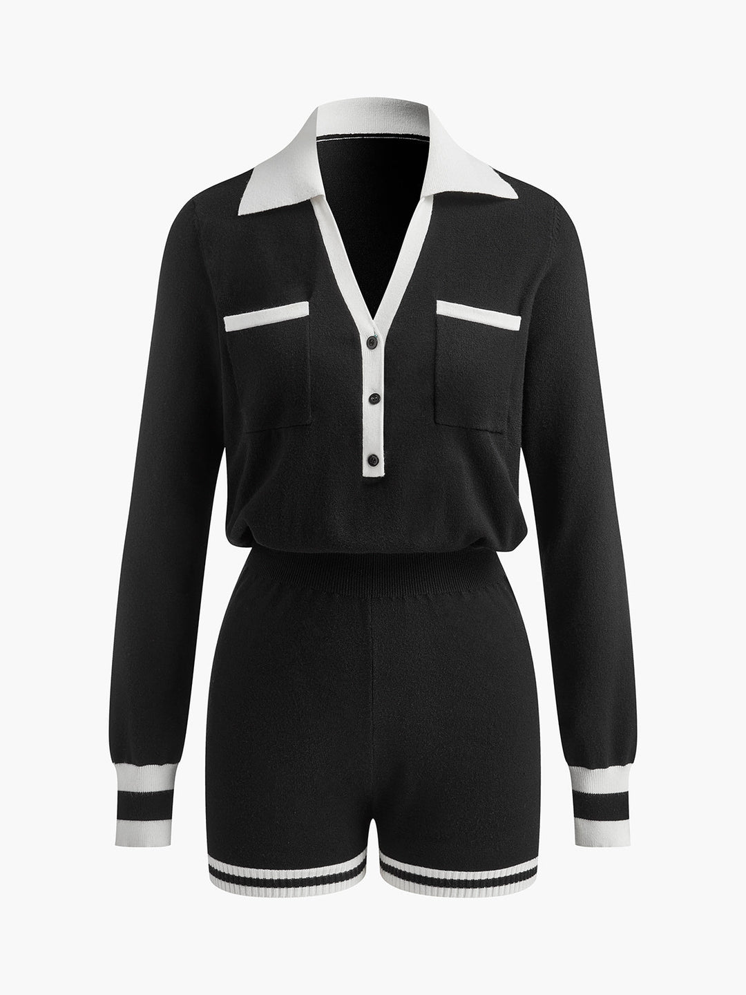 Kontrastierende Bindung V-Ausschnitt Strick-Jumpsuits