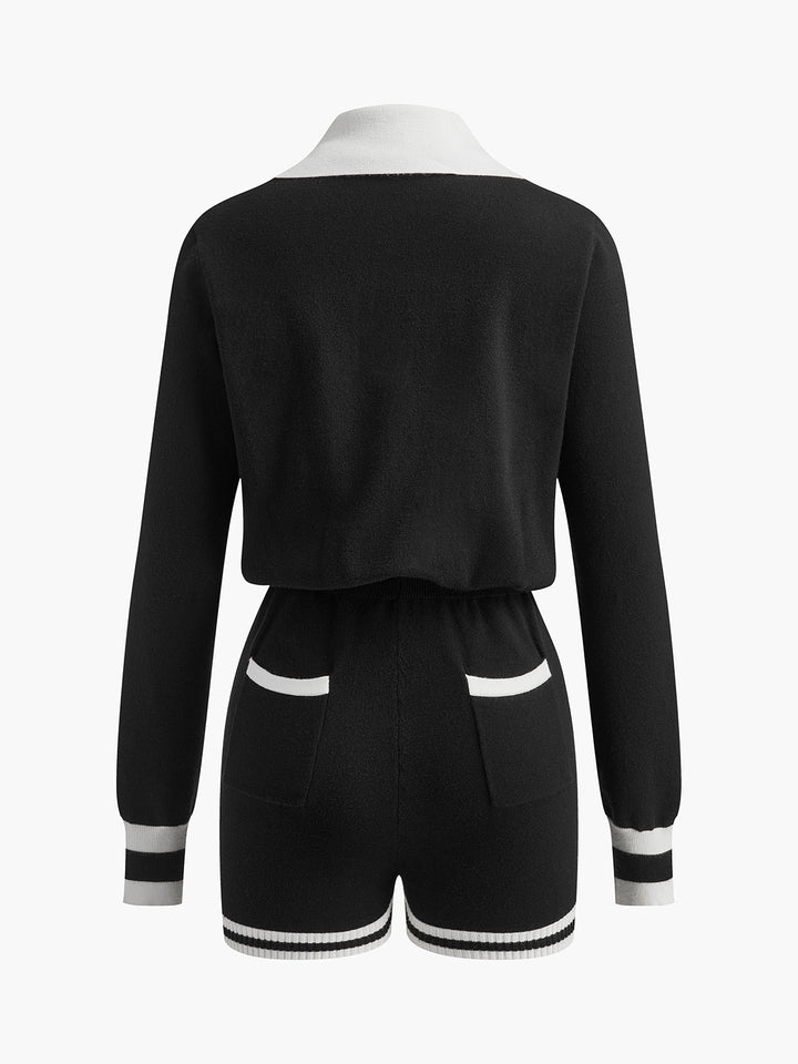 Kontrastierende Bindung V-Ausschnitt Strick-Jumpsuits