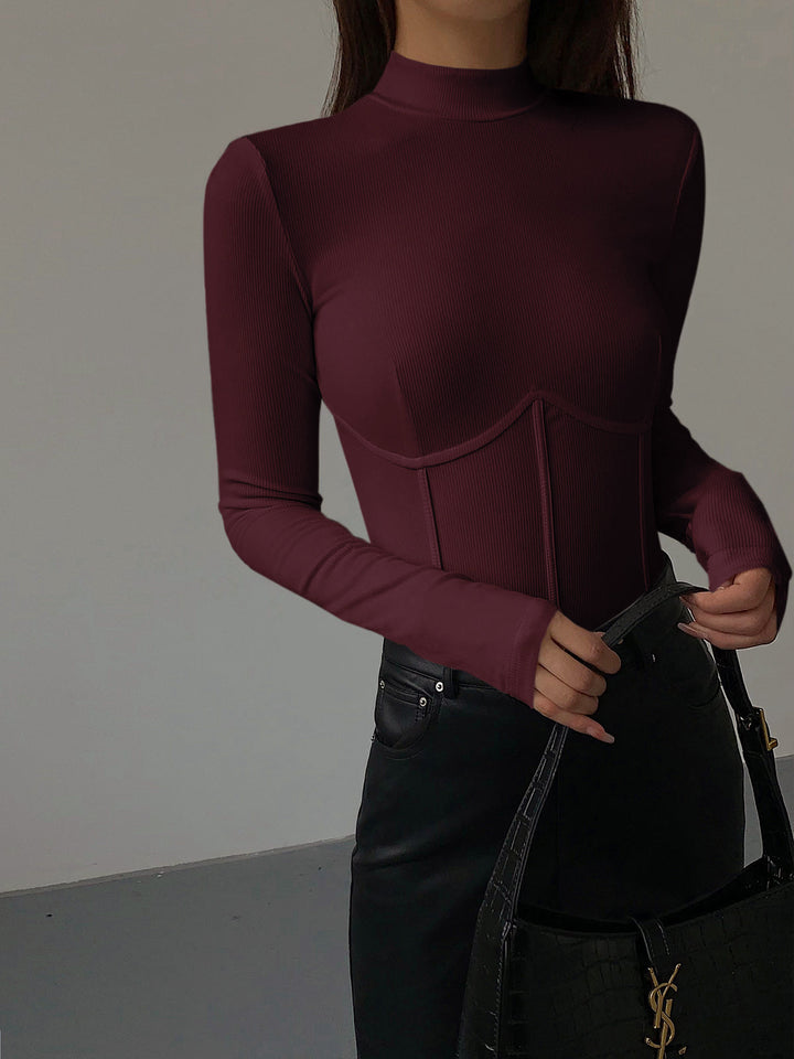 Mock-Neck-Piping-Slim-T-Shirt