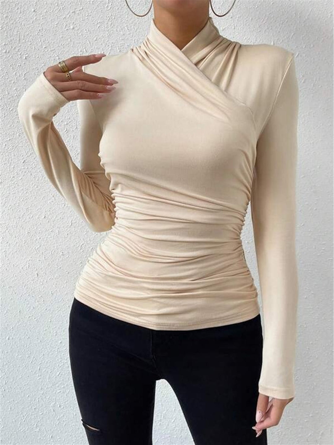 Kreuzkragen-Shirt mit Falten und Raffung