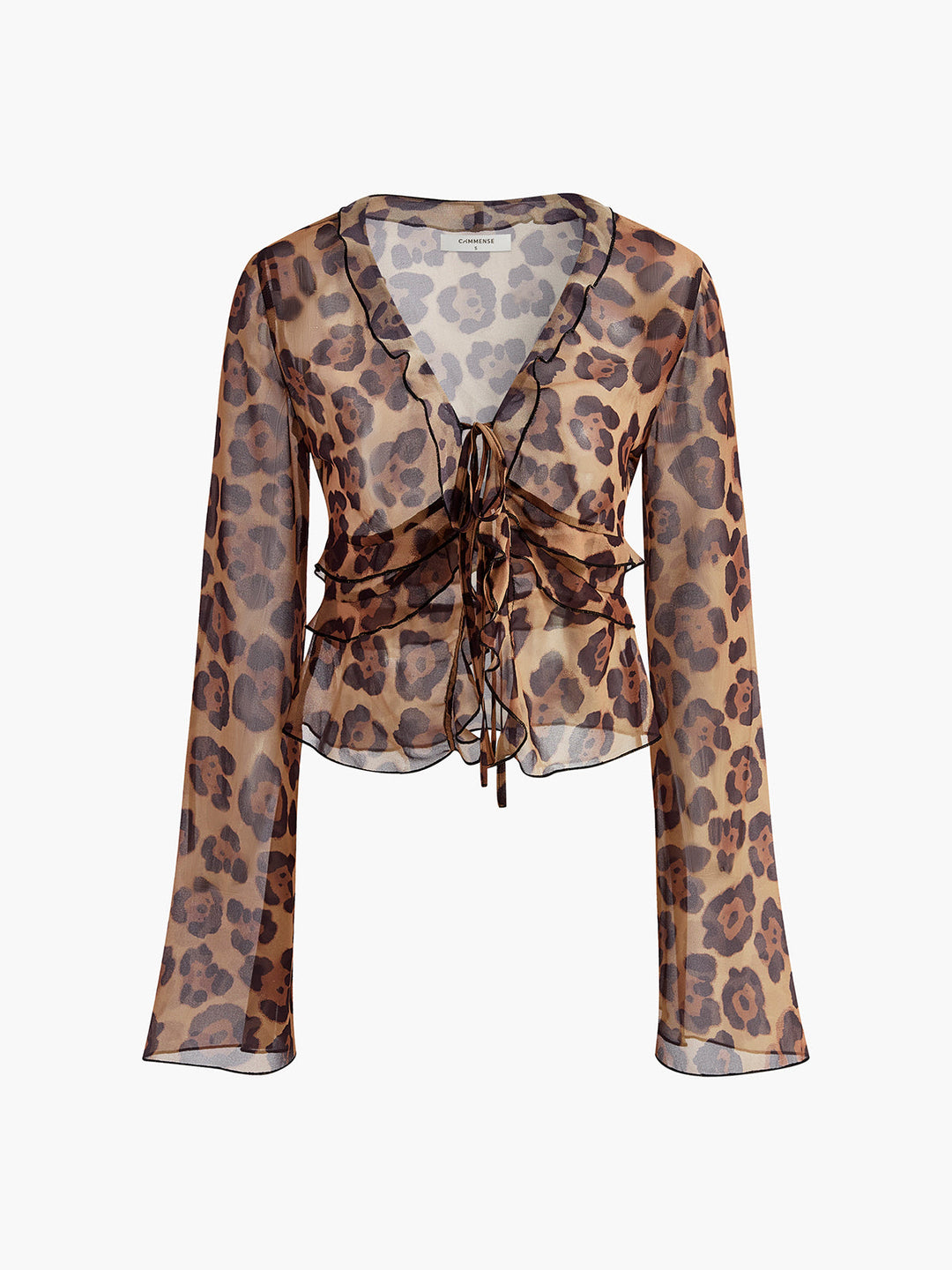Bluse mit Leo-Print, Halbtransparent und Rüschen-V-Ausschnitt
