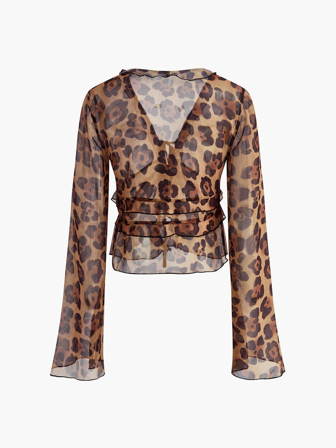 Bluse mit Leo-Print, Halbtransparent und Rüschen-V-Ausschnitt