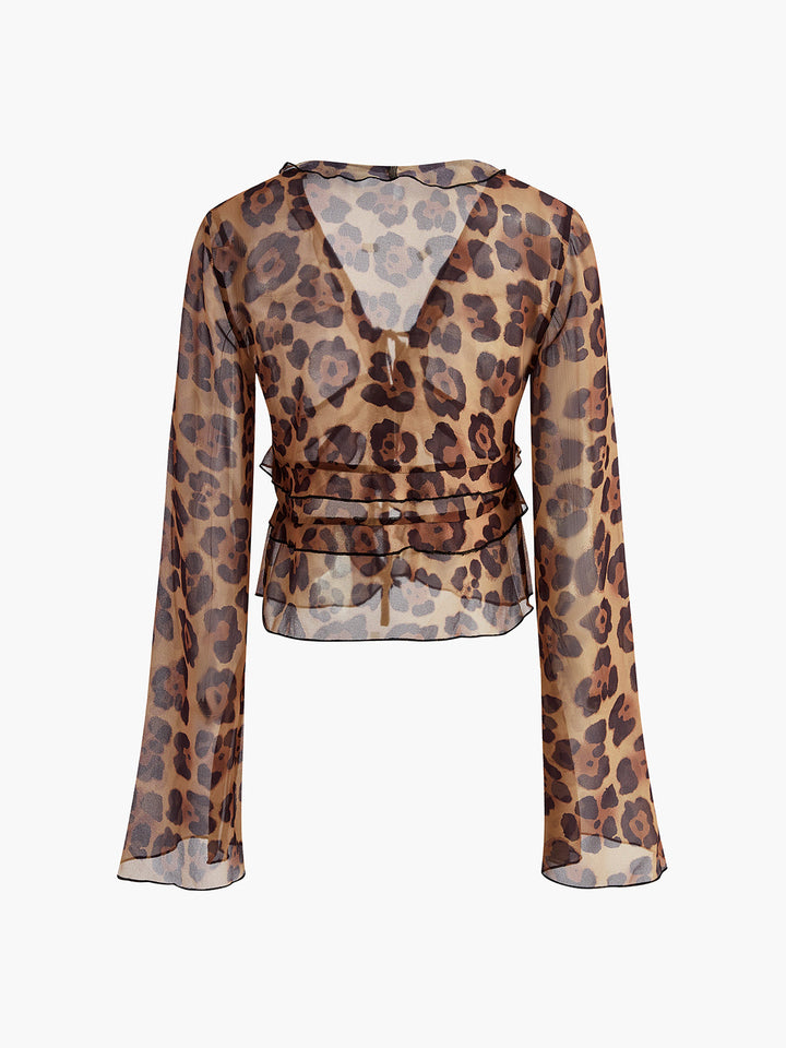 Bluse mit Leo-Print, Halbtransparent und Rüschen-V-Ausschnitt