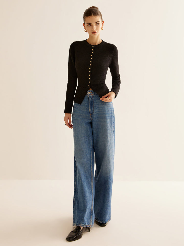 Button-Down-Kragen-Strickjacke mit Schlitz