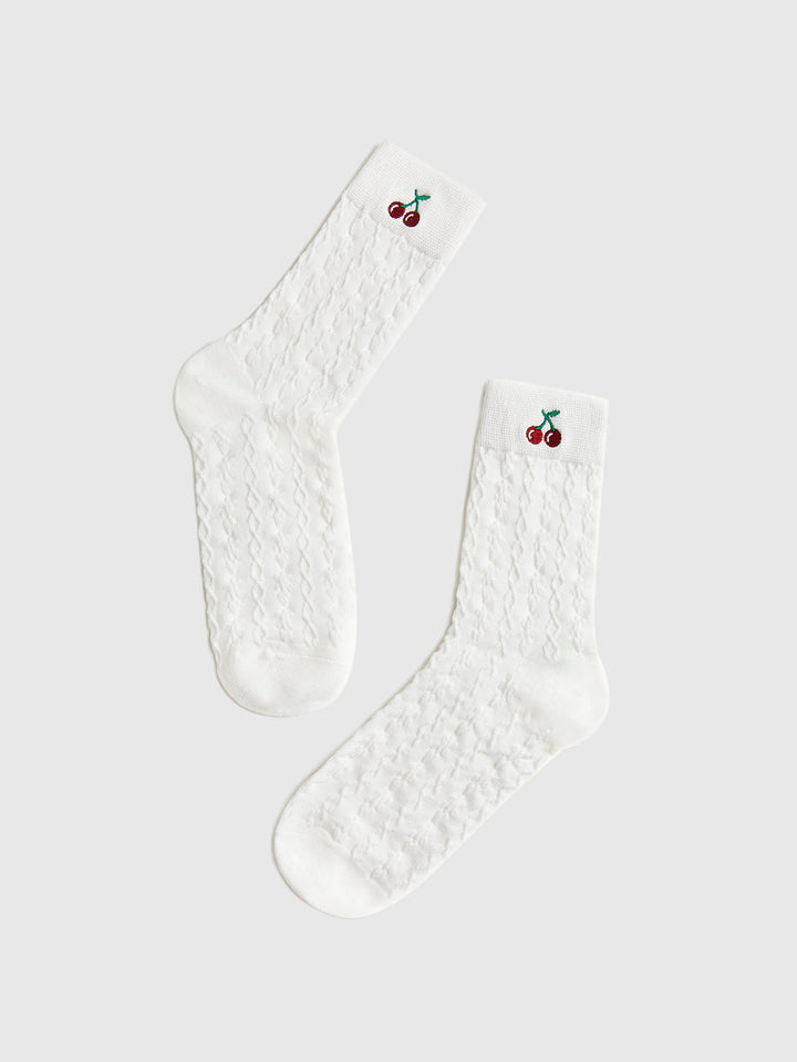 Kirschbestickte warme Pile-Socken mit Twist