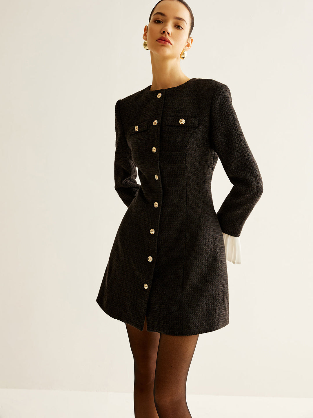 Kleid mit Tweed-Kragen und Falten