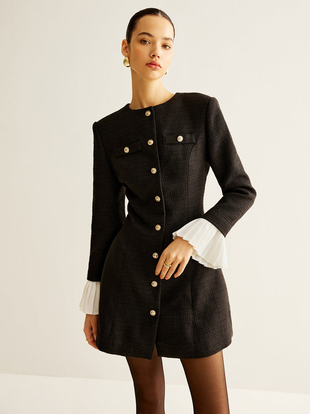 Kleid mit Tweed-Kragen und Falten