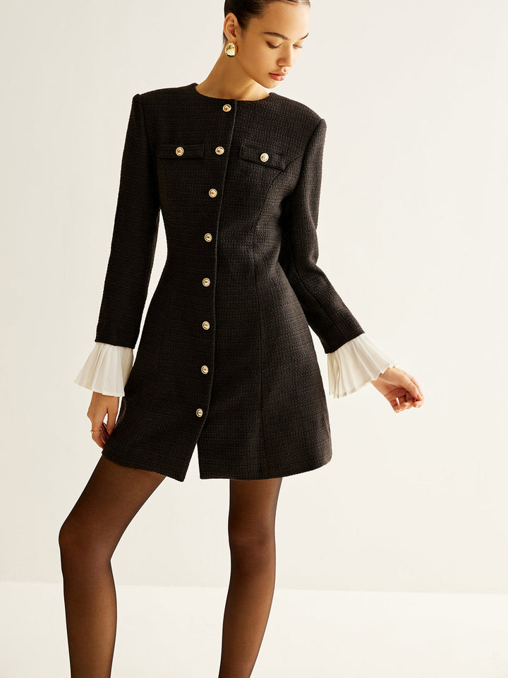 Kleid mit Tweed-Kragen und Falten