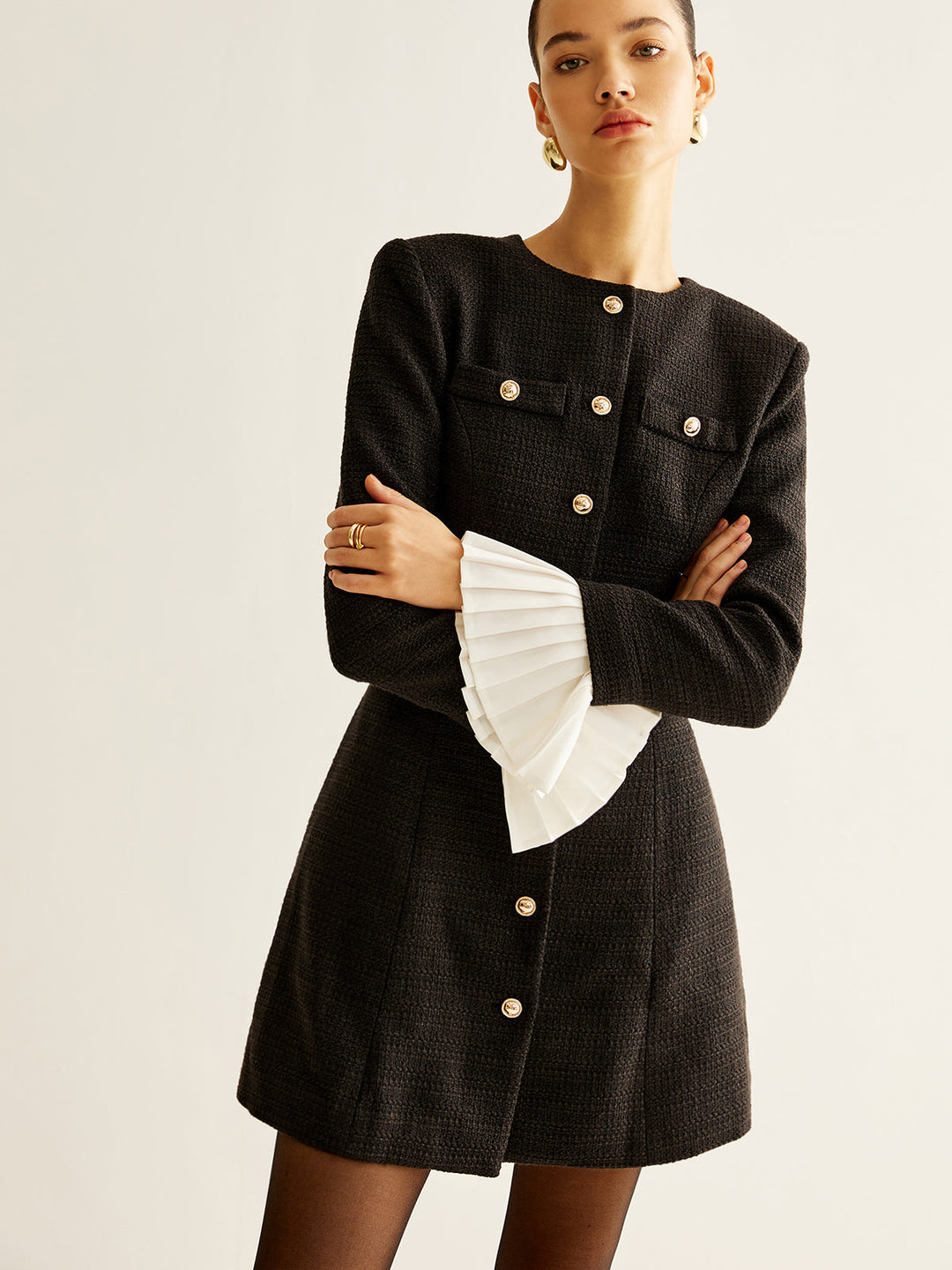 Kleid mit Tweed-Kragen und Falten