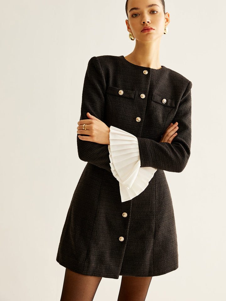 Kleid mit Tweed-Kragen und Falten