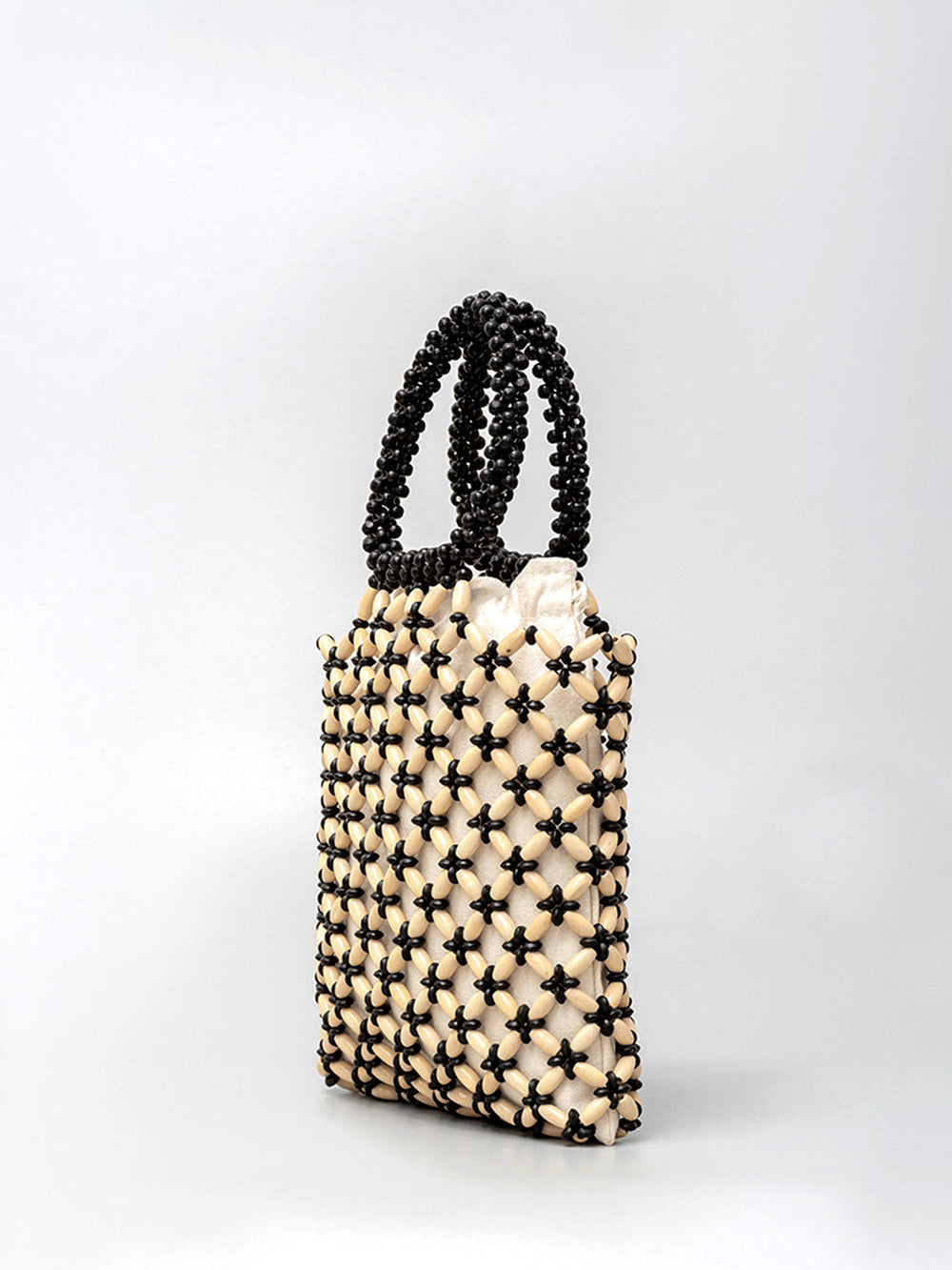Contrast Binding Holzperlen Gewebte Handtasche
