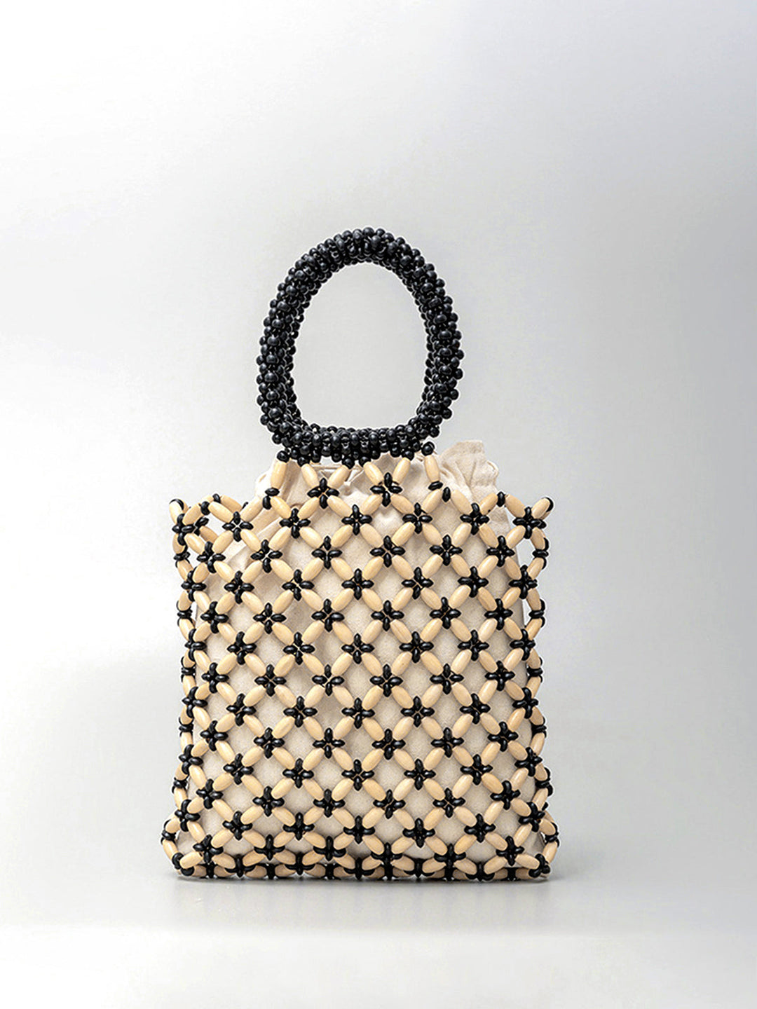 Contrast Binding Holzperlen Gewebte Handtasche