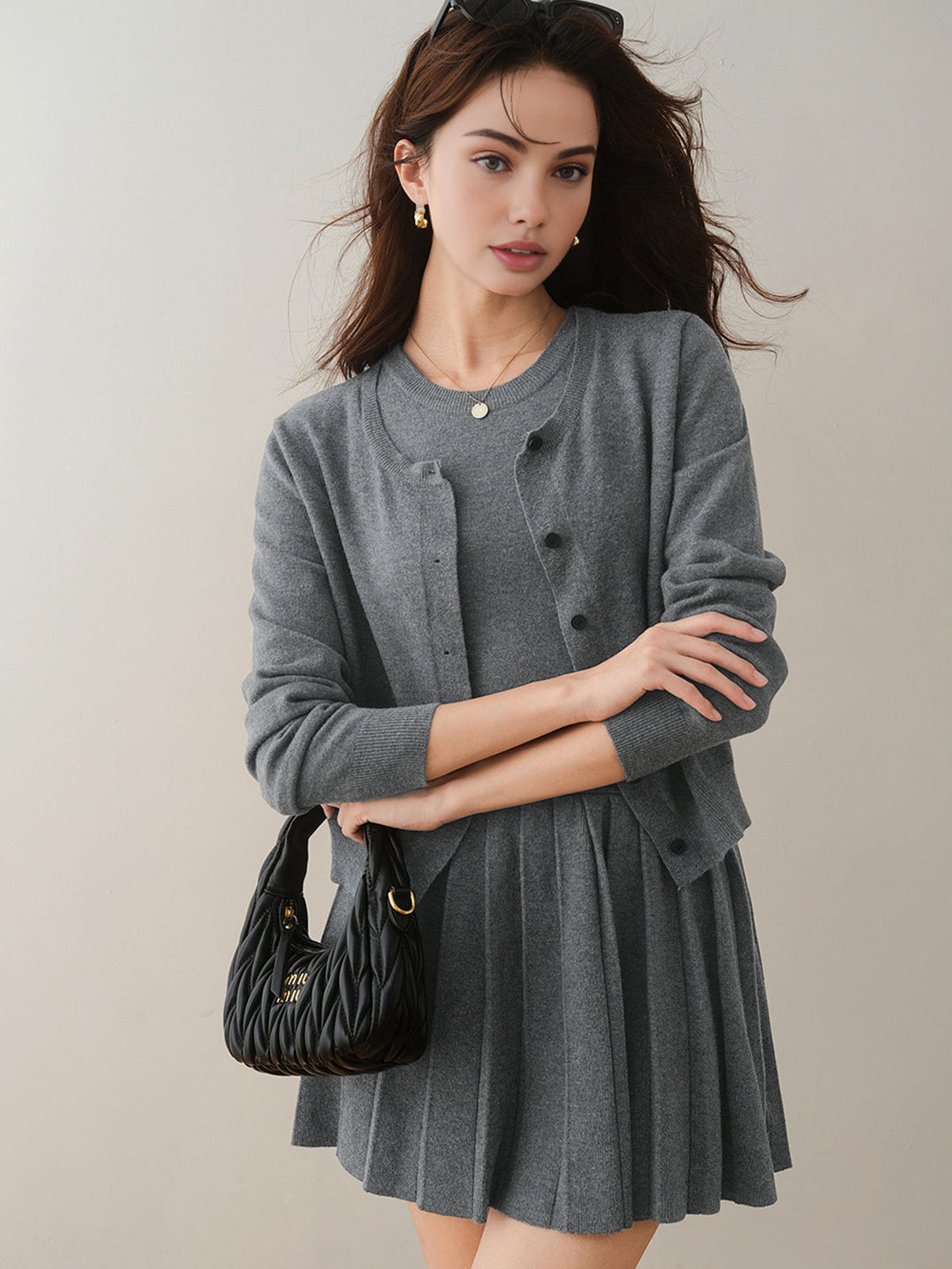 Crew Neck Pleated Belted Skirt Set
