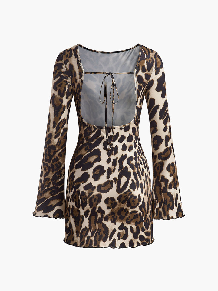 Leoparden-Print Kleid mit offenem Rücken und Bindung