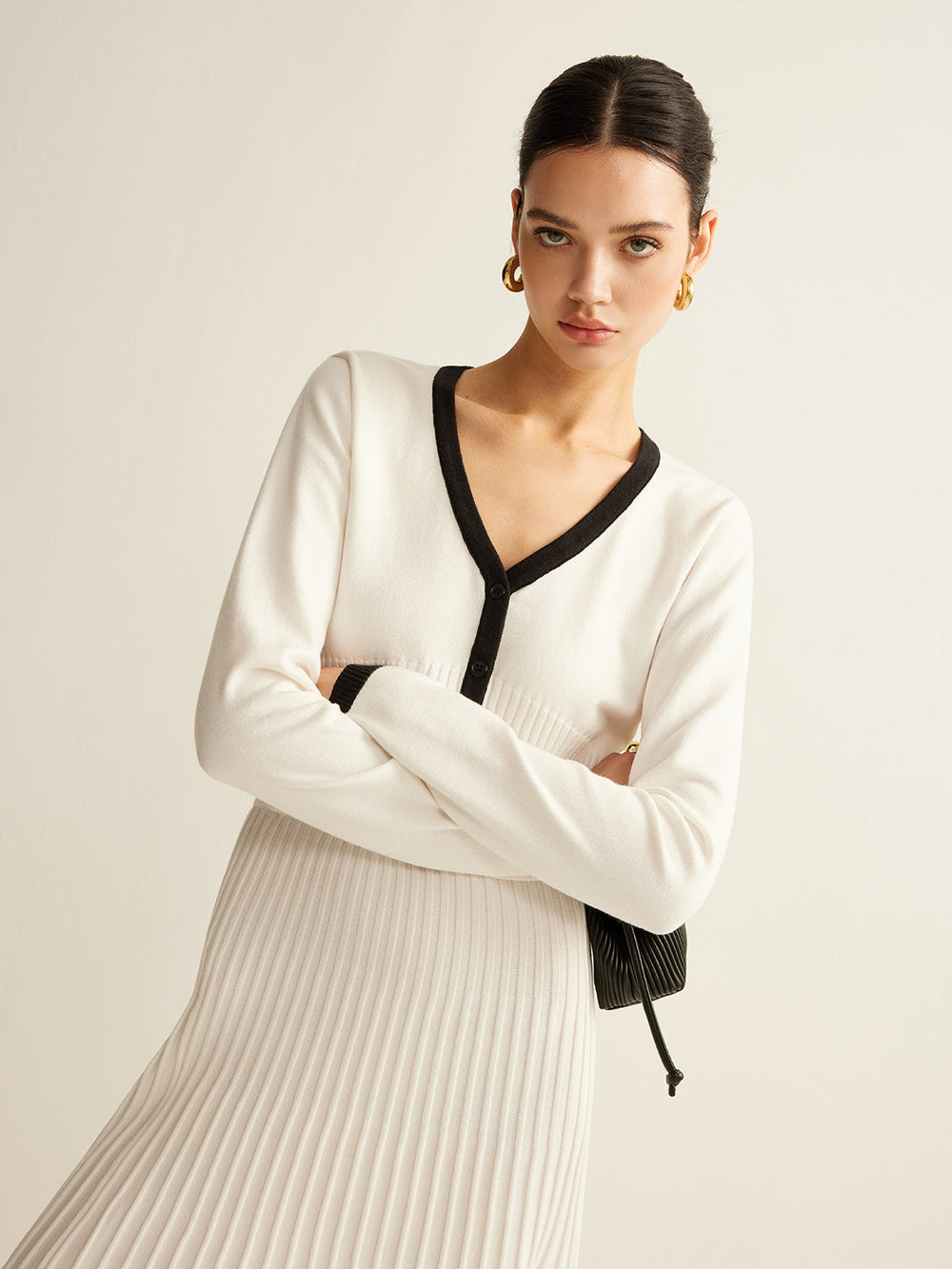 Kontrastbesatz Plissierter Strickrock-Set