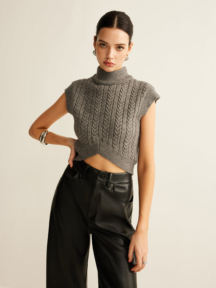 Kabel-Strick-Pullover-Weste mit Stehkragen
