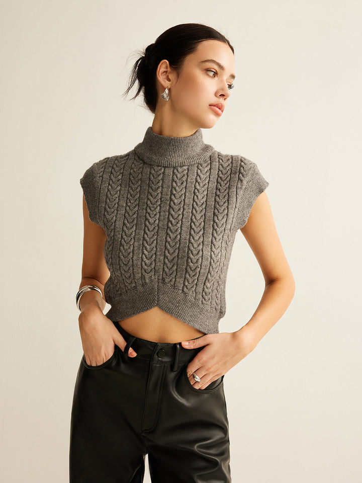 Kabel-Strick-Pullover-Weste mit Stehkragen