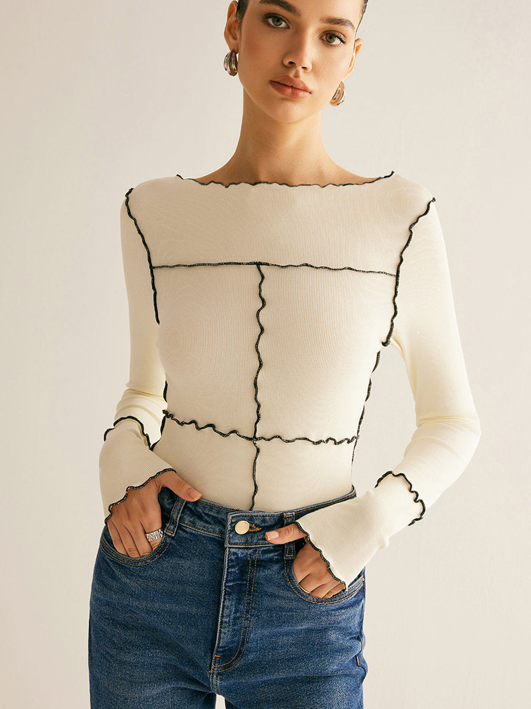 Lettuce-Kragen Langarm Slim T-Shirt