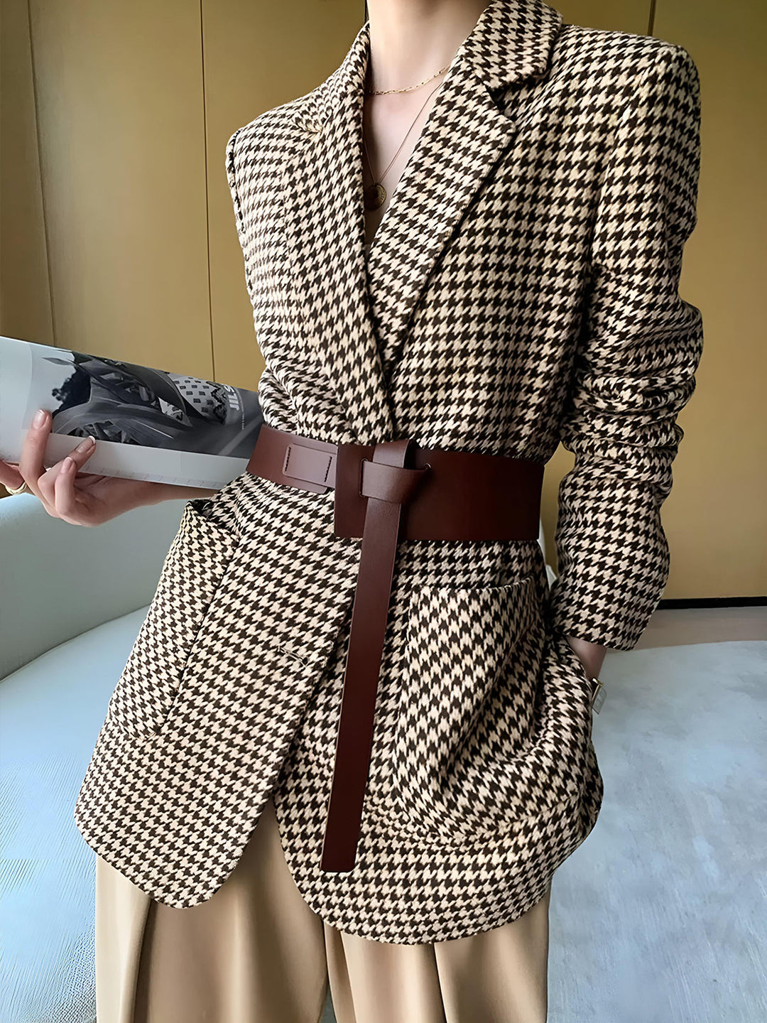 Houndstooth Zweireihiger Blazer mit Gürtel