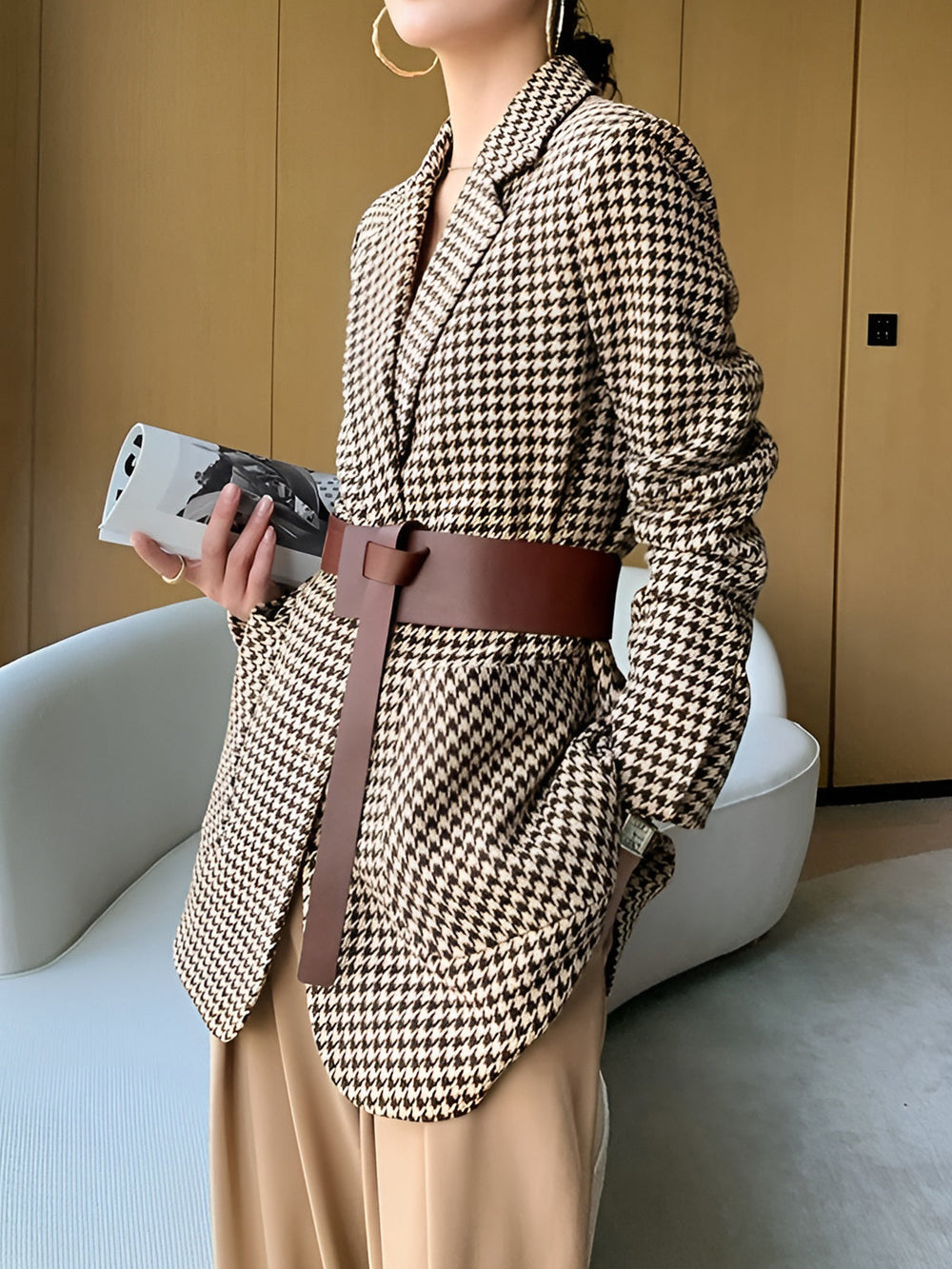 Houndstooth Zweireihiger Blazer mit Gürtel