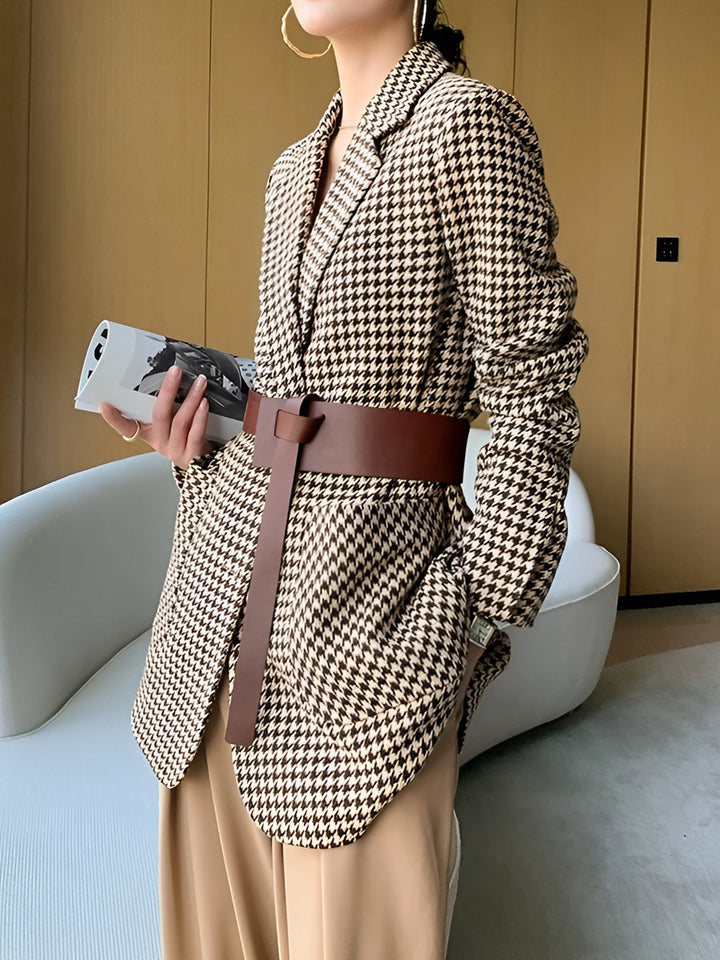 Houndstooth Zweireihiger Blazer mit Gürtel