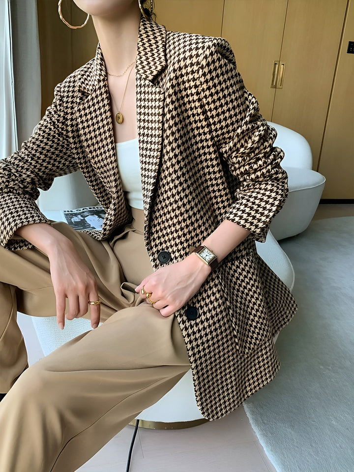 Houndstooth Zweireihiger Blazer mit Gürtel