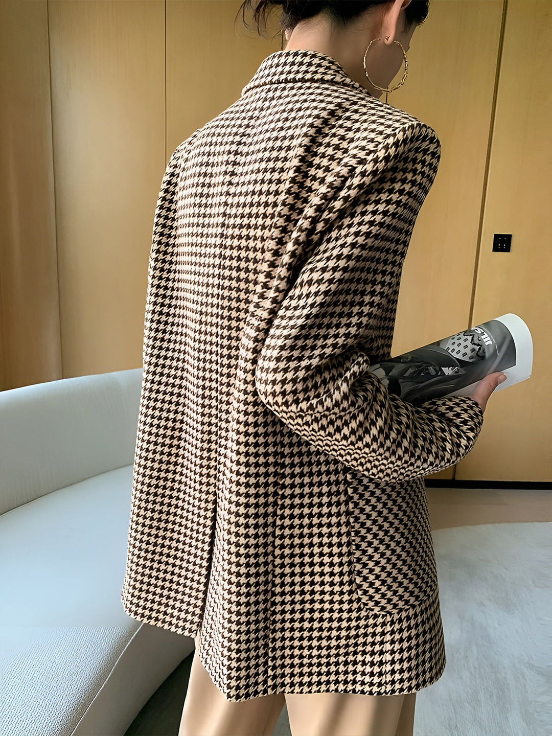 Houndstooth Zweireihiger Blazer mit Gürtel