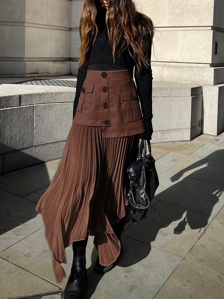 Patchwork Asymmetrischer Faltenrock mit Knöpfen Midi