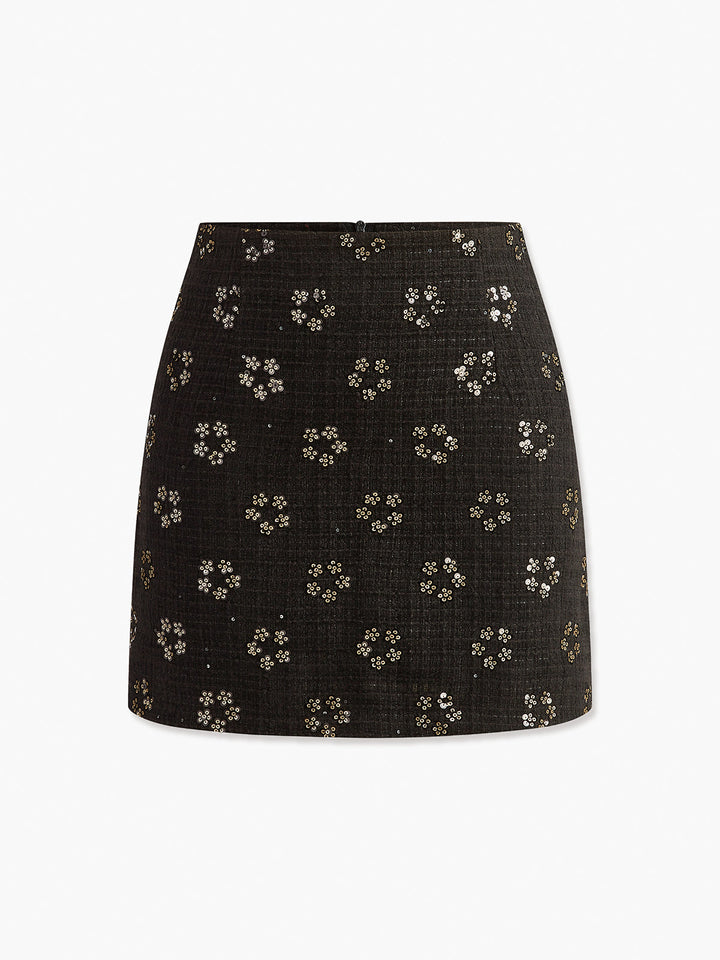 Sequins Floral Tweed Rock