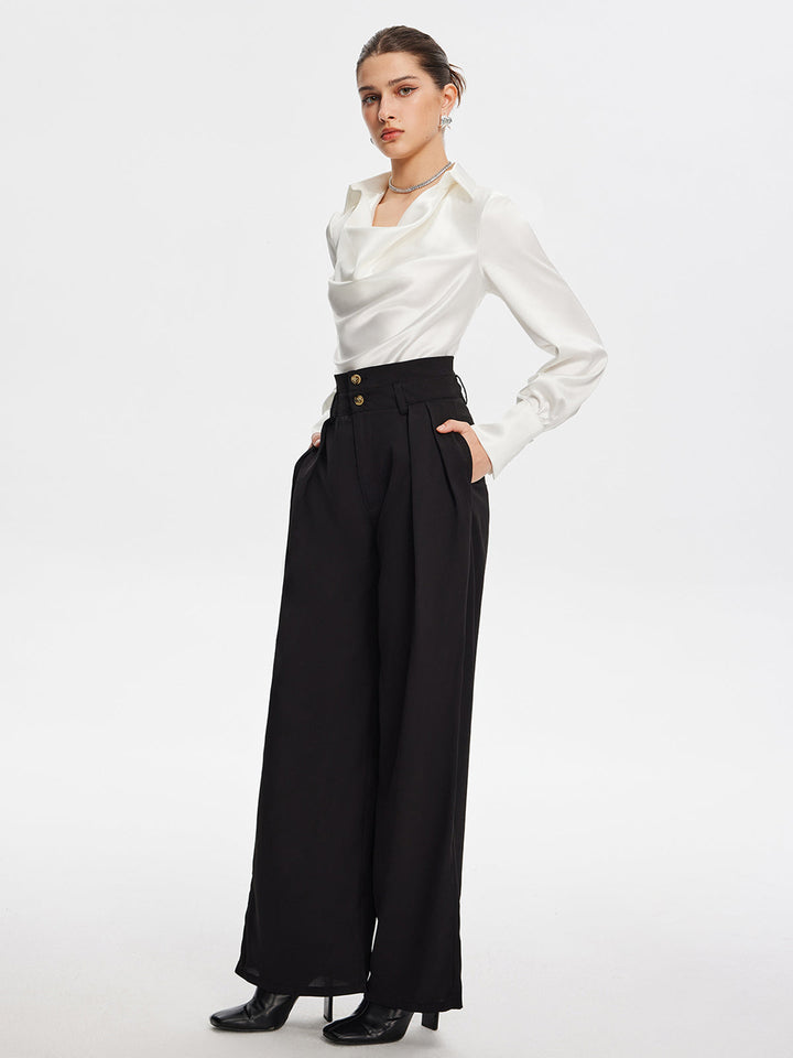 V-Ausschnitt Plissee Langarm-Bluse