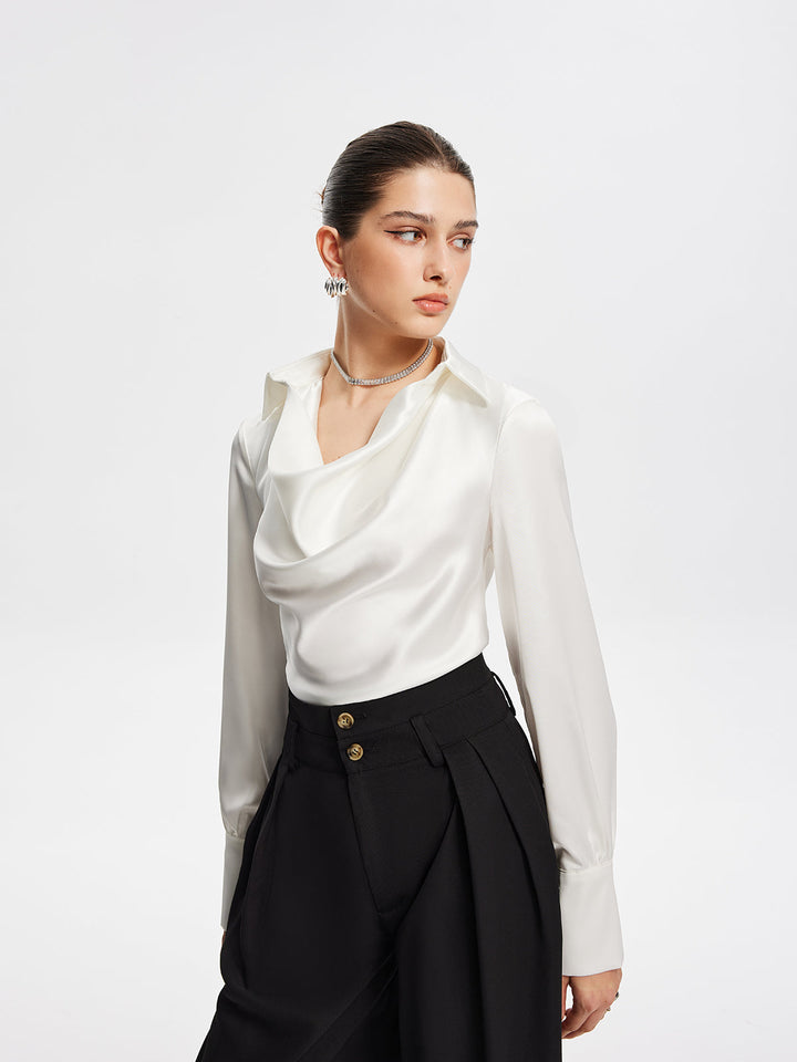 V-Ausschnitt Plissee Langarm-Bluse