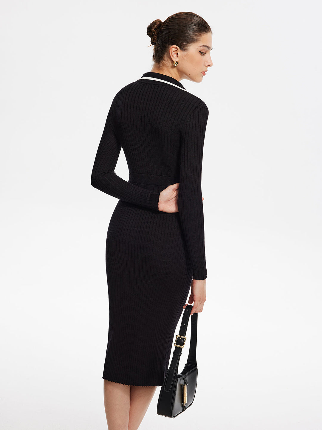 Kontrastbesatz Wickelkleid Midi Strickkleid