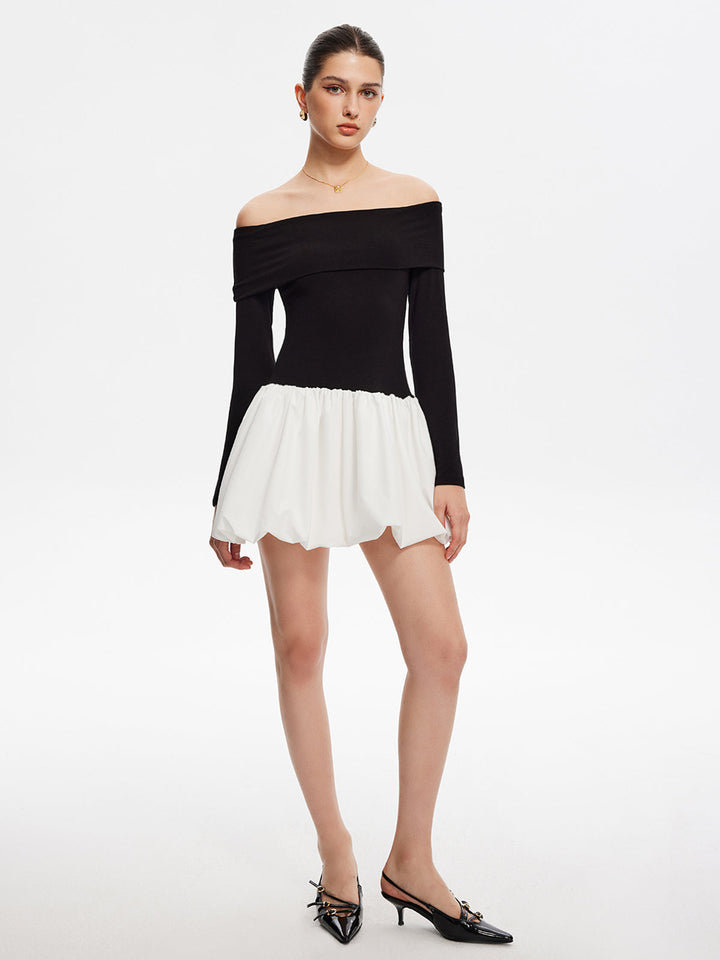 Zweifarbige Off-Shoulder-Blusenkleid mit Ballonärmeln