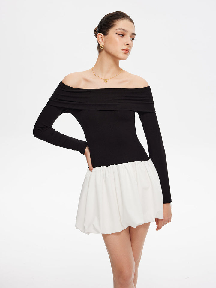 Zweifarbige Off-Shoulder-Blusenkleid mit Ballonärmeln