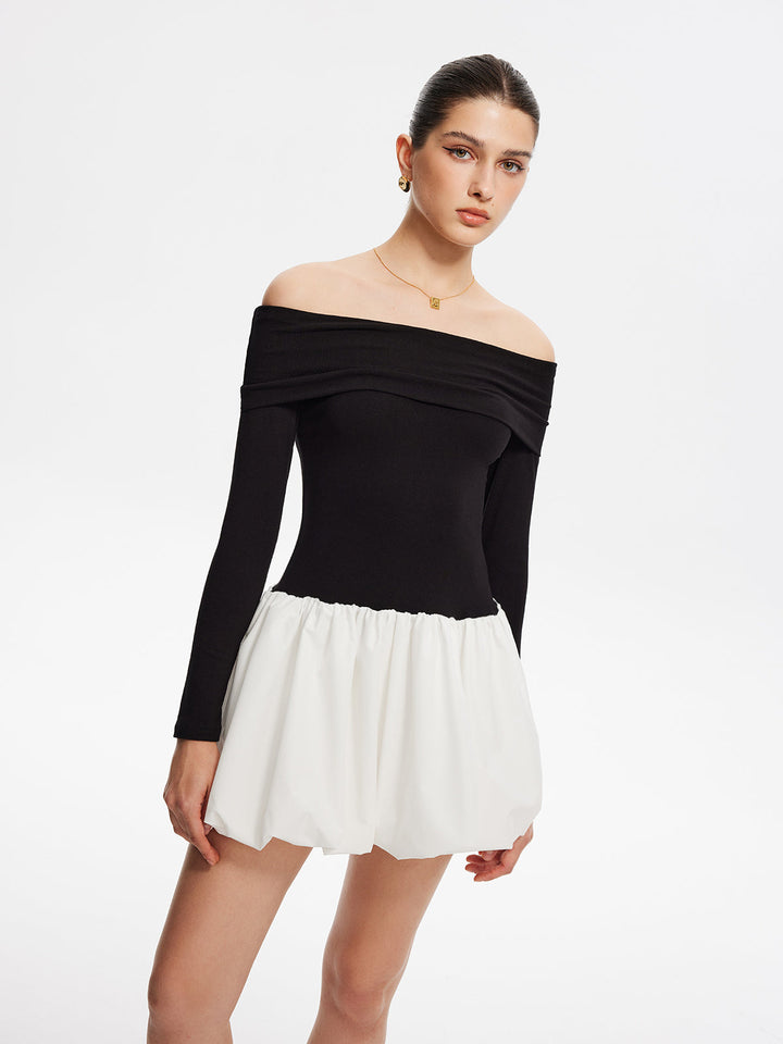 Zweifarbige Off-Shoulder-Blusenkleid mit Ballonärmeln