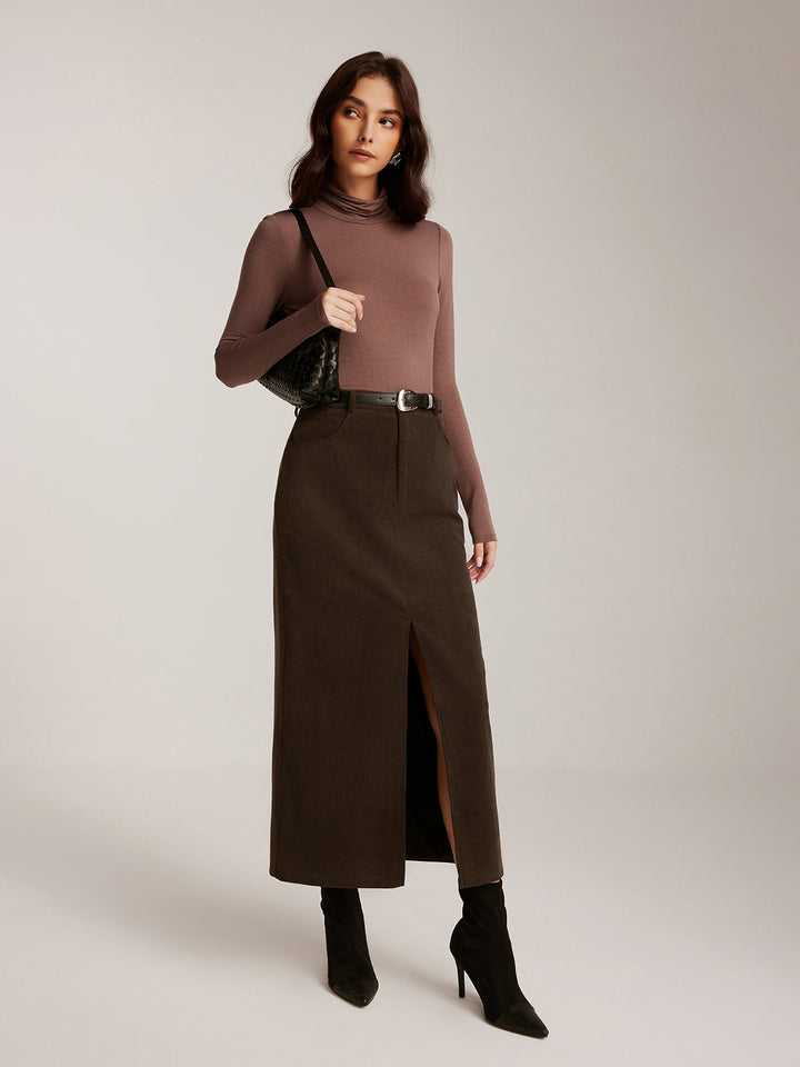 Corduroy Midirock mit Gürtel und Schlitz