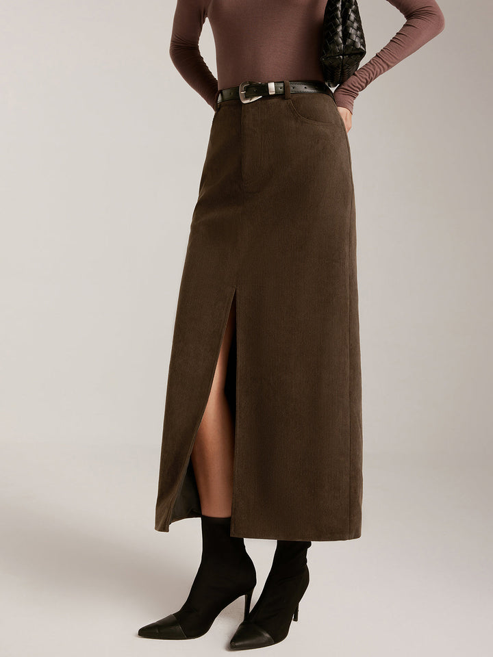 Corduroy Midirock mit Gürtel und Schlitz