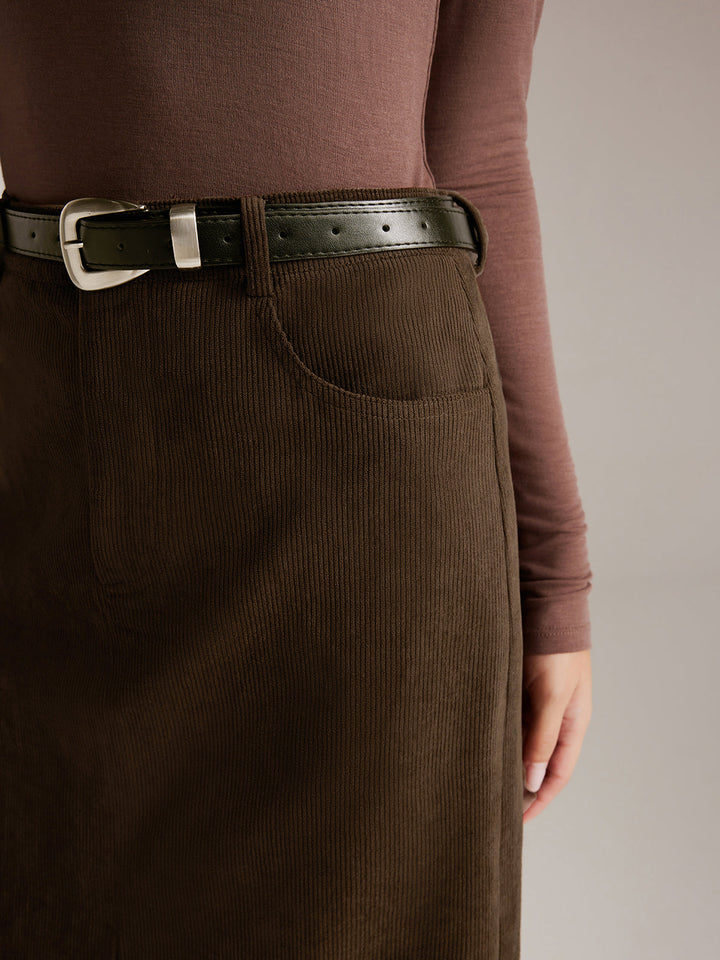 Corduroy Midirock mit Gürtel und Schlitz