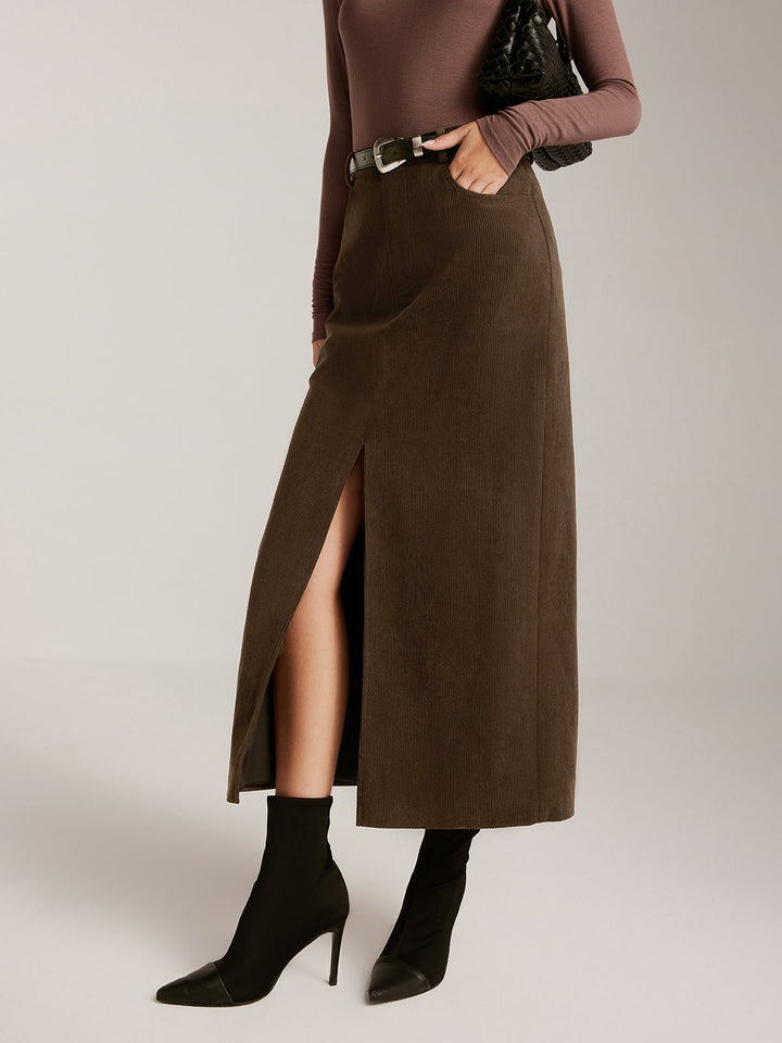 Corduroy Midirock mit Gürtel und Schlitz